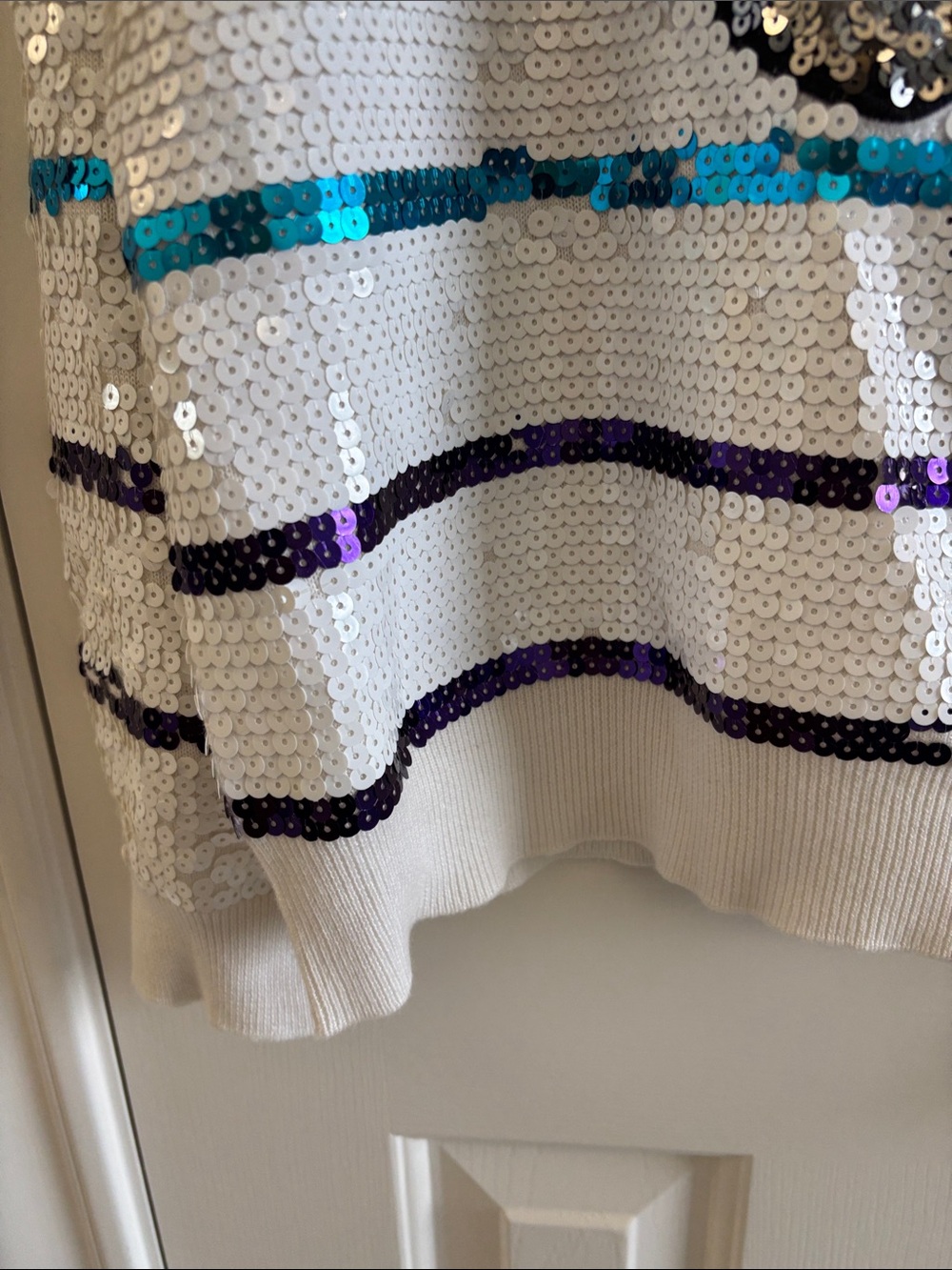 Queen of Sparkles Sequin Tiger Stripe Sweater in White with Rainbow Stripes - Picture 5 of 12